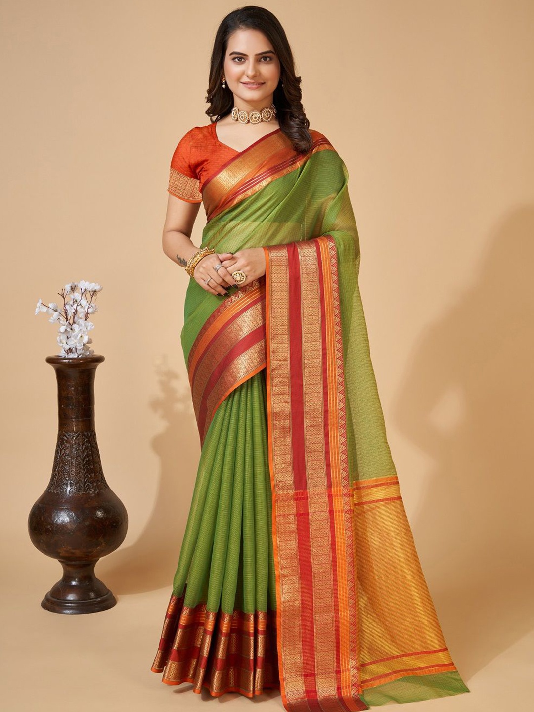

SHOBHA SAREES Woven Design Zari Silk Cotton Kota Saree, Green