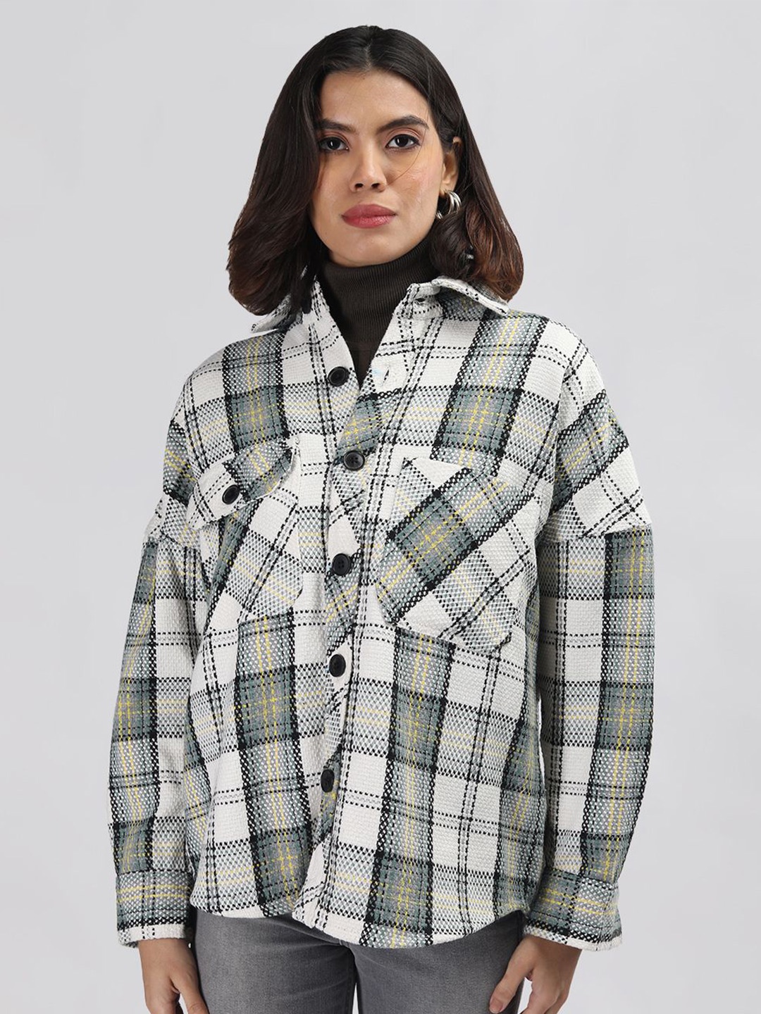 

CHKOKKO Checked Spread Collar Single Breasted Shacket Coats, White