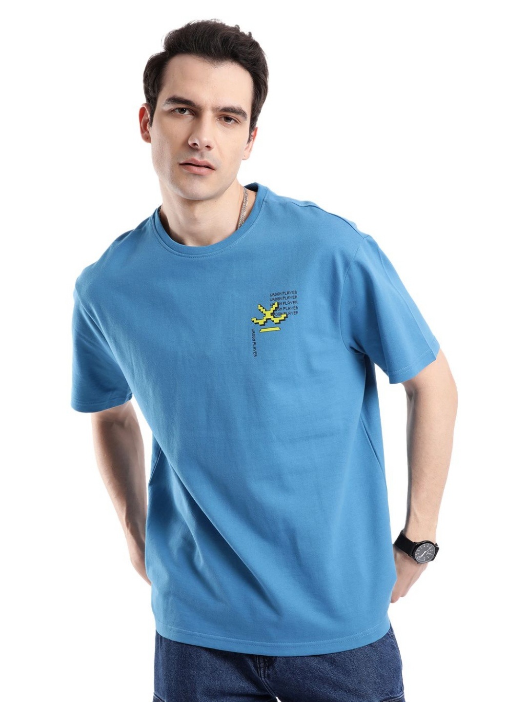 

WROGN Men Printed Pure Cotton T-shirt, Blue