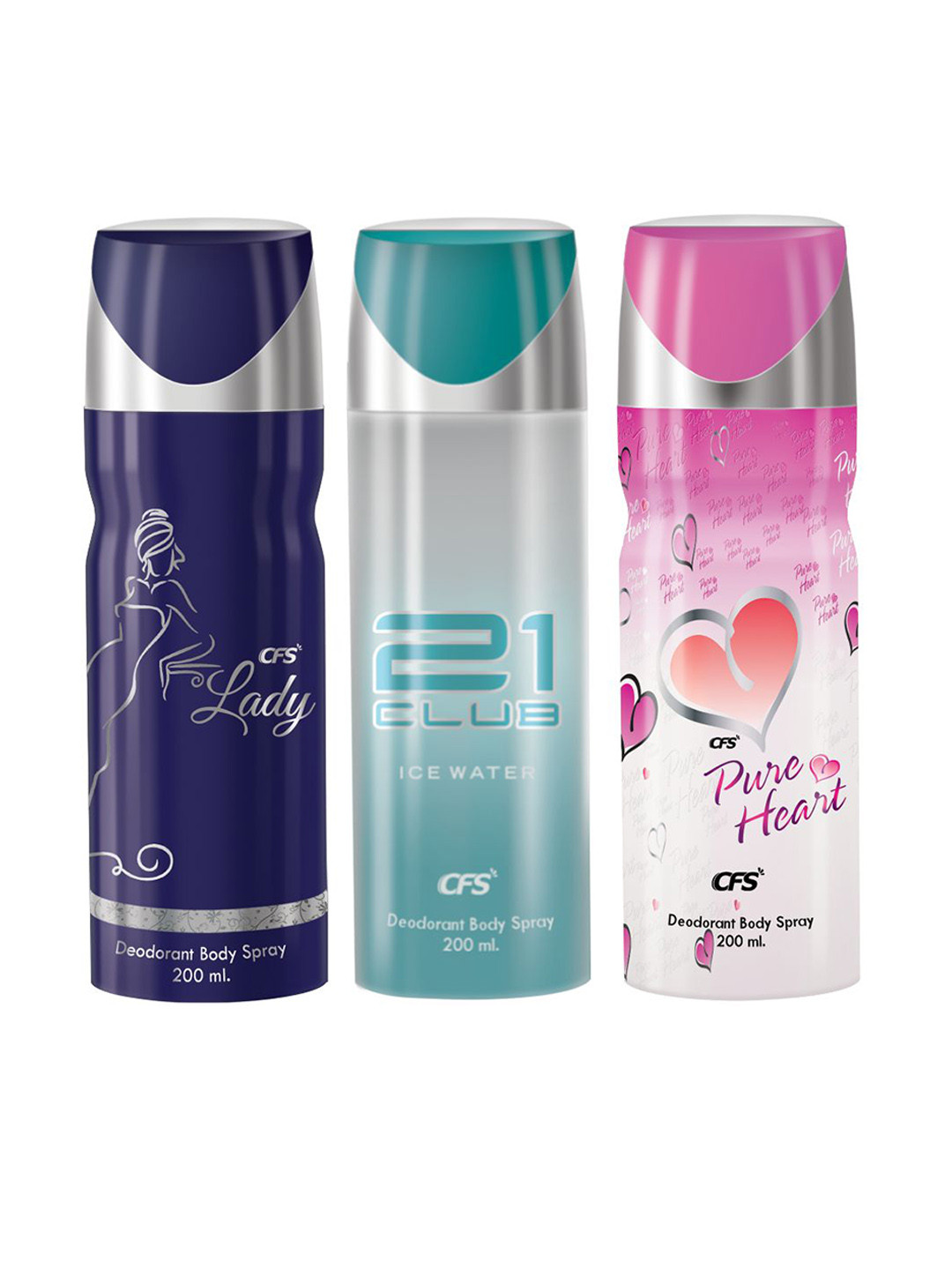 

CFS Set Of 3 Lady 21 Club & Pure Heart Long Lasting Deodorant Body Spray - 200ml Each, Blue