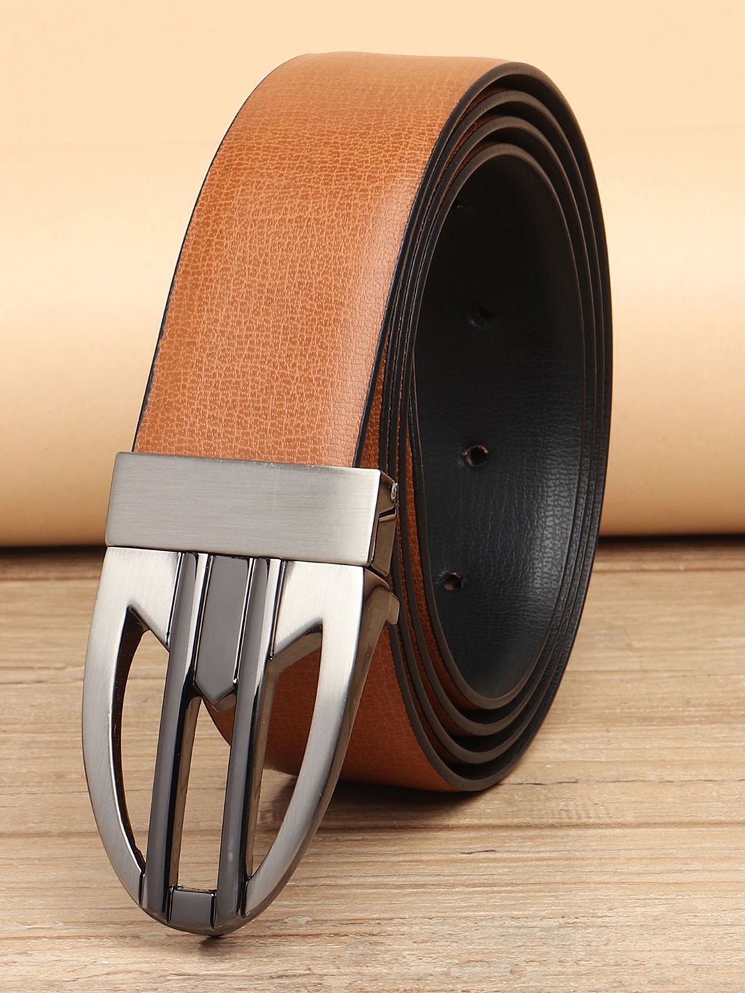 

WINSOME DEAL Men Push Pin Closure Textured Formal Belt, Tan