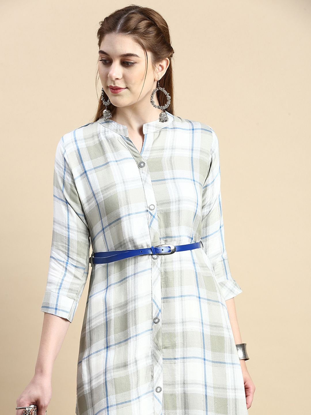 

GRANTH FASHION Mandarin Collar Checked Jacquard Shirt Dress, White