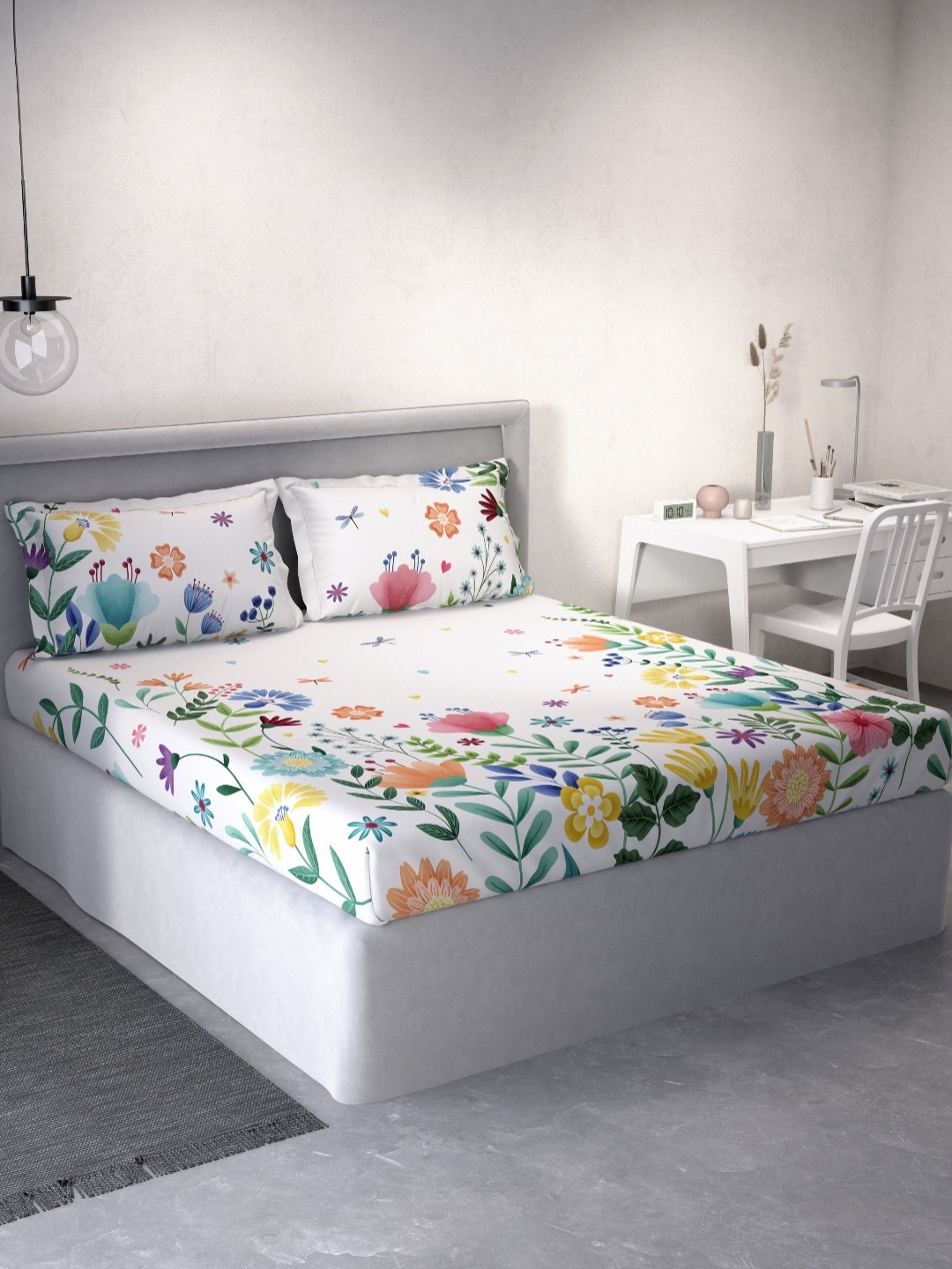 

DDecor White & Pink Floral 145 TC Cotton Queen Bedsheet With 2 Pillow Covers
