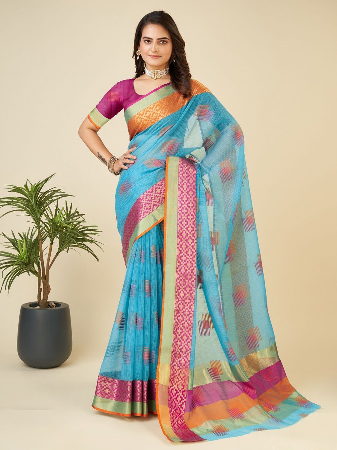 

SHOBHA SAREES Woven Design Zari Silk Cotton Kota Saree, Blue