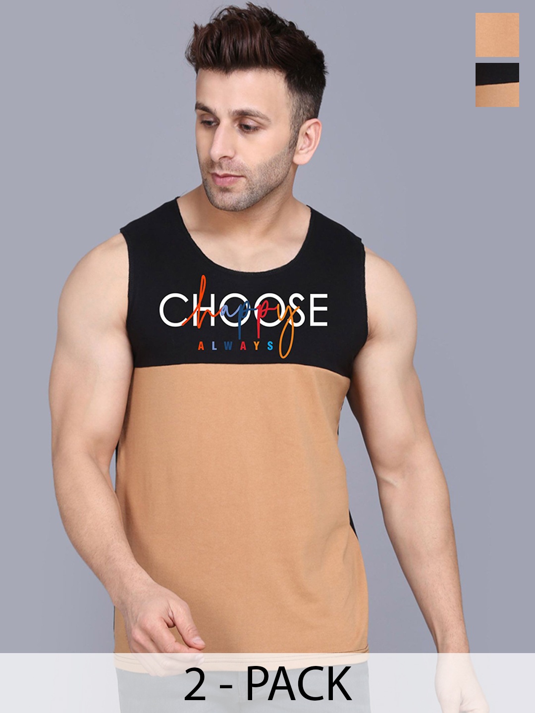 

SLOWLORIS Men Pack Of 2 Printed Cotton Gym Vests, Black
