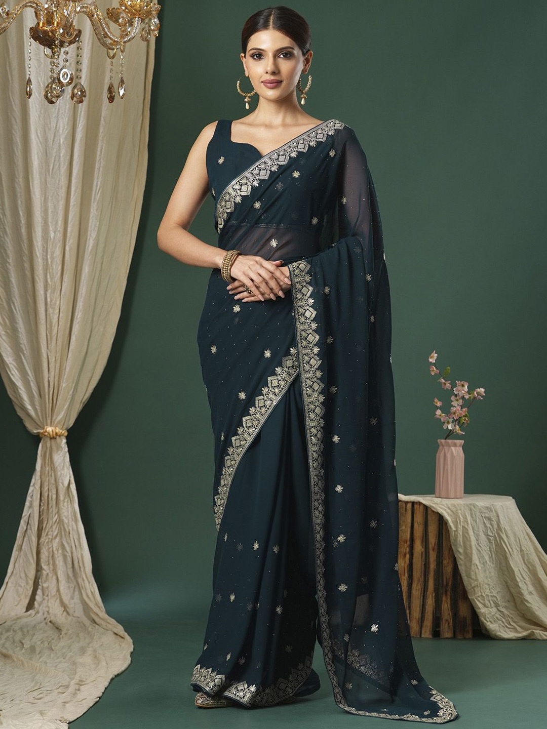 

Saree mall Floral Beads and Stones Sarees, Teal