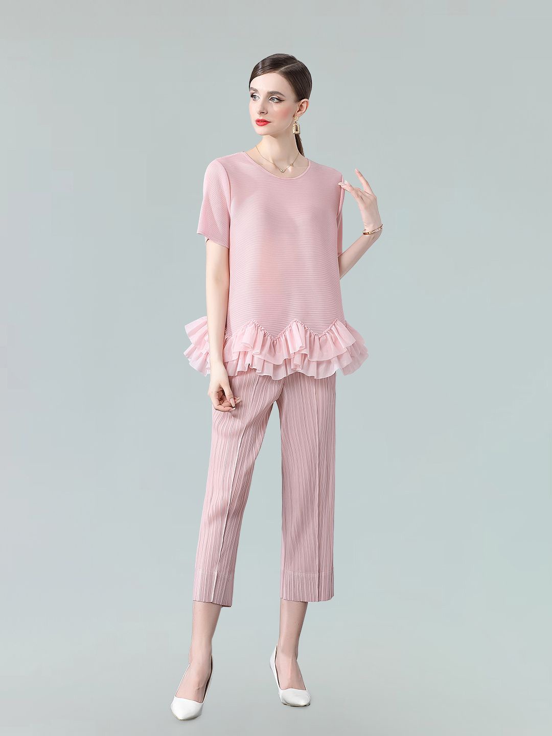 

JC Collection Self Design Short Sleeves Ruffle Detailing Casual Top With Trousers, Pink