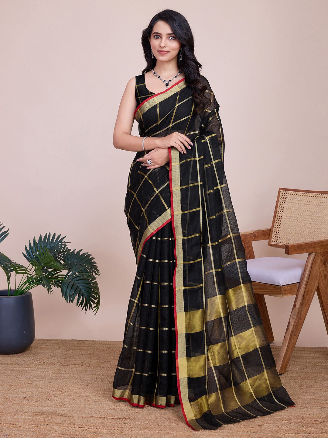 

KALINI Checked Zari Silk Cotton Kota Saree, Black