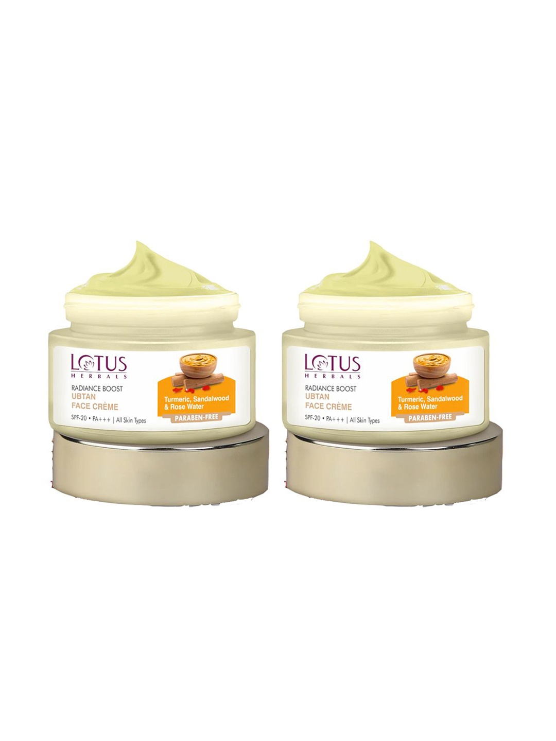 

Lotus Herbals Set Of 2 Radiance Boost SPF20 PA+++ Ubtan & Rose Water Face Cream- 50g Each