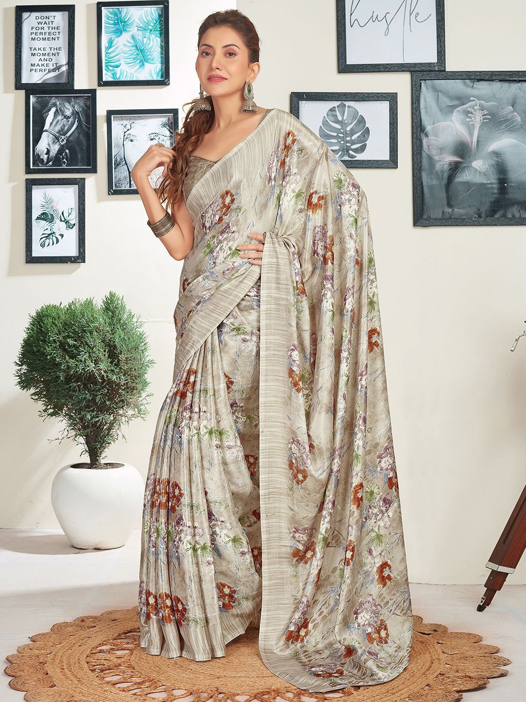 

KALINI Floral Art Silk Saree, Beige