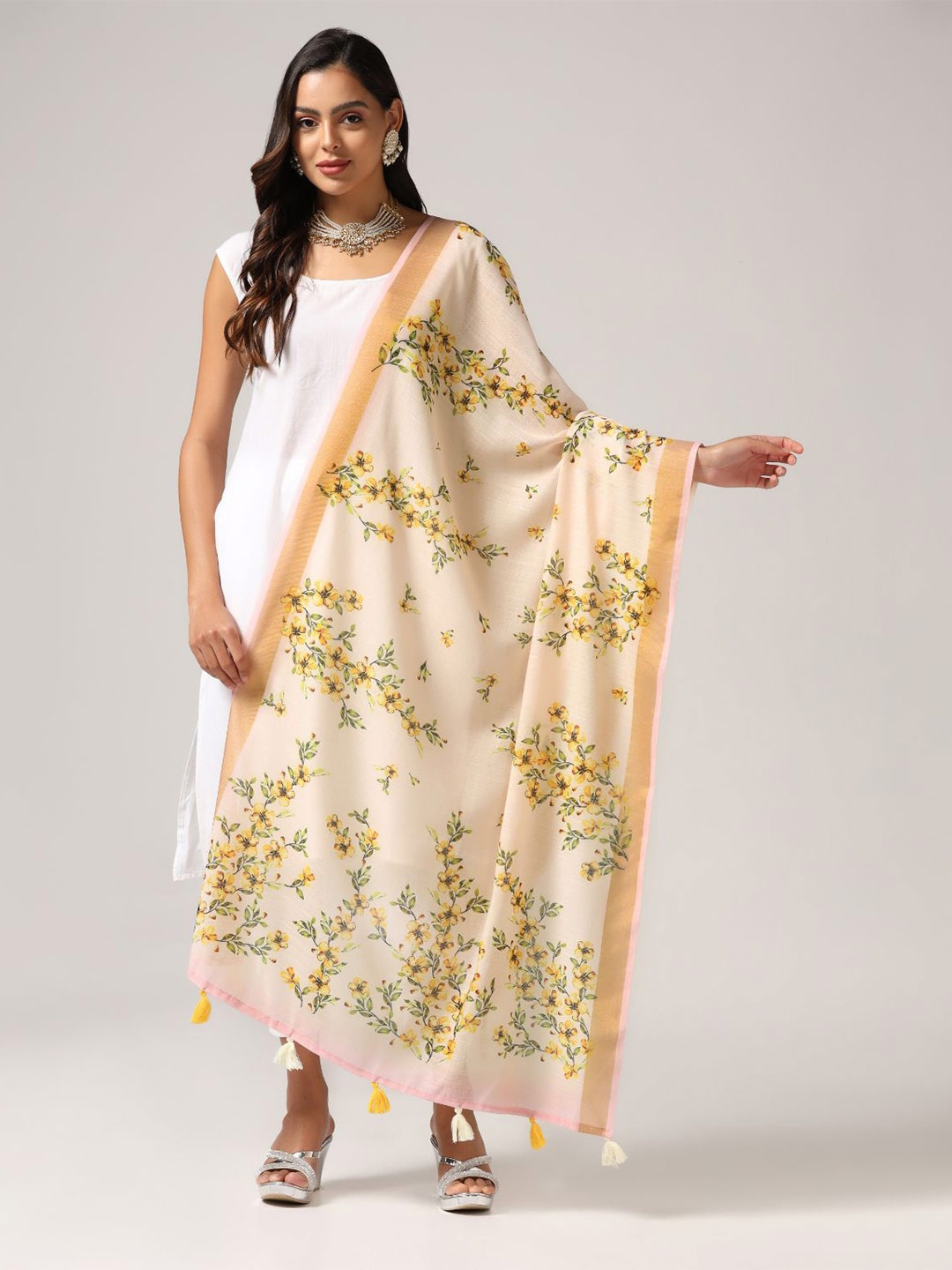 

Kaizen TEXO FAB Ethnic Motifs Printed Linen Zari Dupatta, Yellow