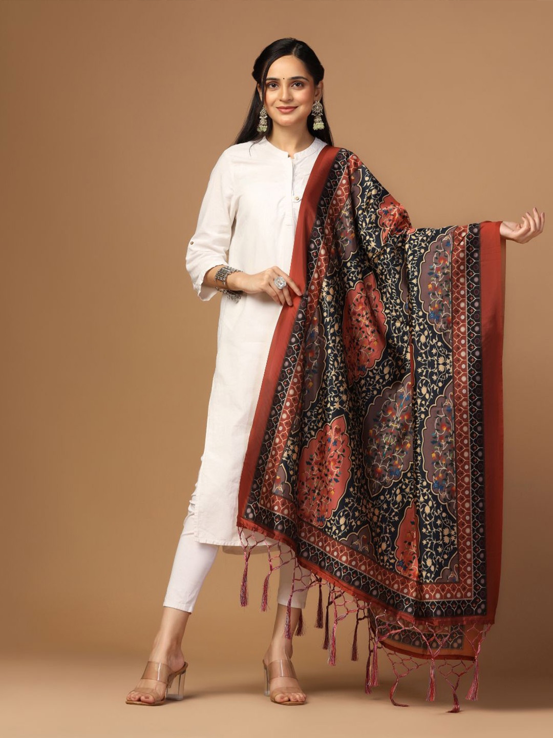 

Kaizen TEXO FAB Ethnic Motifs Digital Printed Assam Silk Dupatta, Black