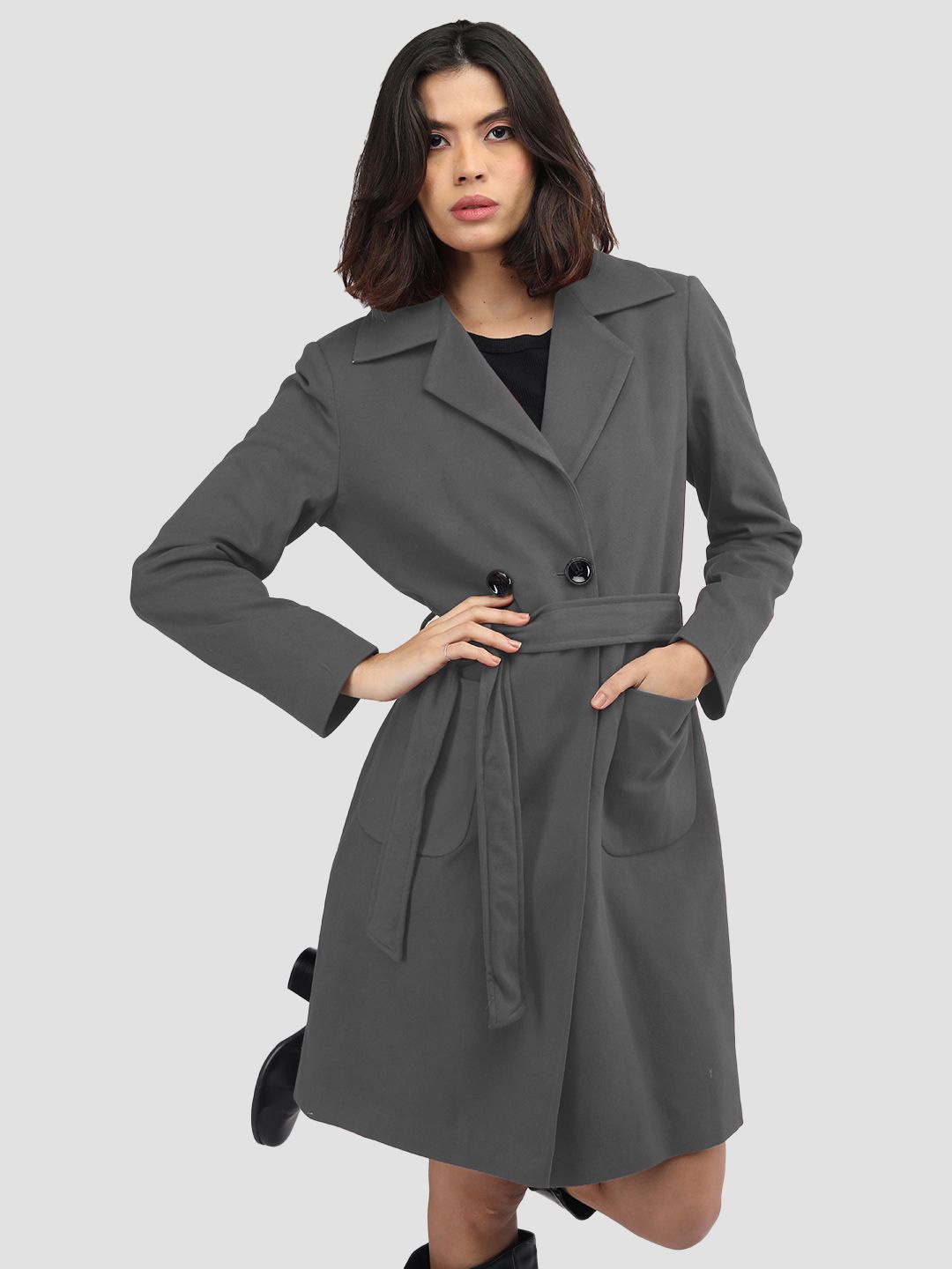 

CHKOKKO Women Solid Double Breasted Over Coat, Grey