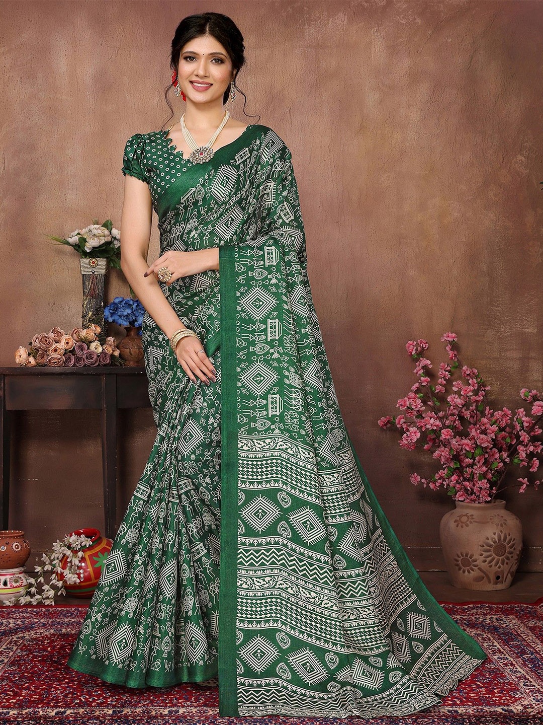 

KALINI Printed Ethnic Motifs Mysore Silk Saree, Green