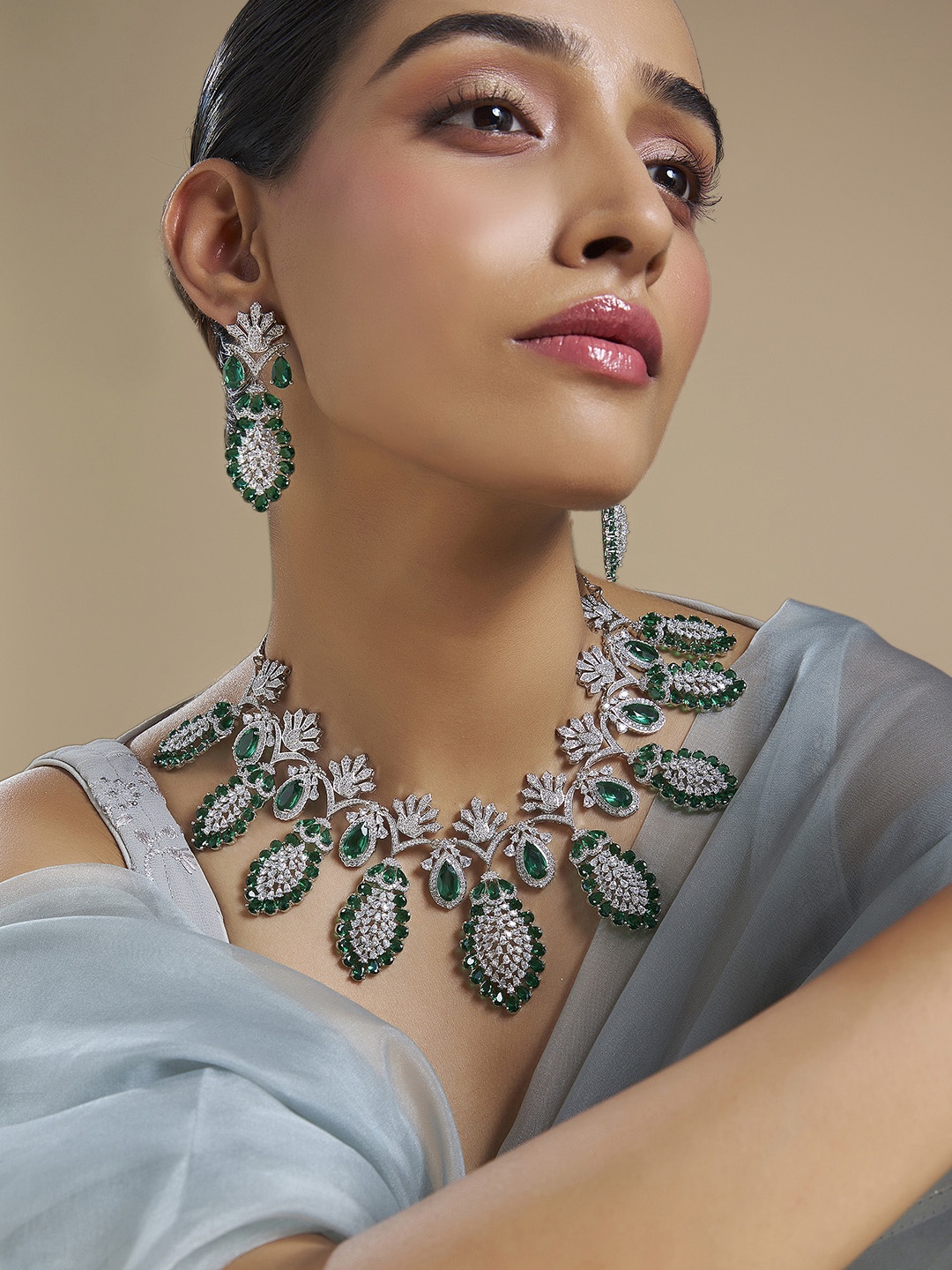 

Kushal's Fashion Jewellery Rhodium-Plated CZ-Studded Jewellery Set, Silver