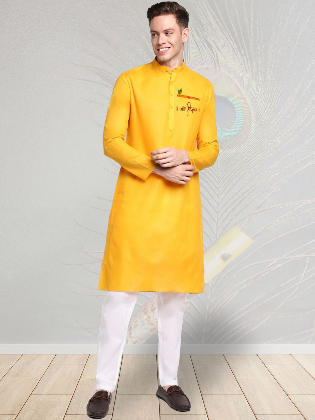 

DEVOILER Shree Krishna Motif Printed Mandarin Collar Cotton Straight Kurta, Yellow