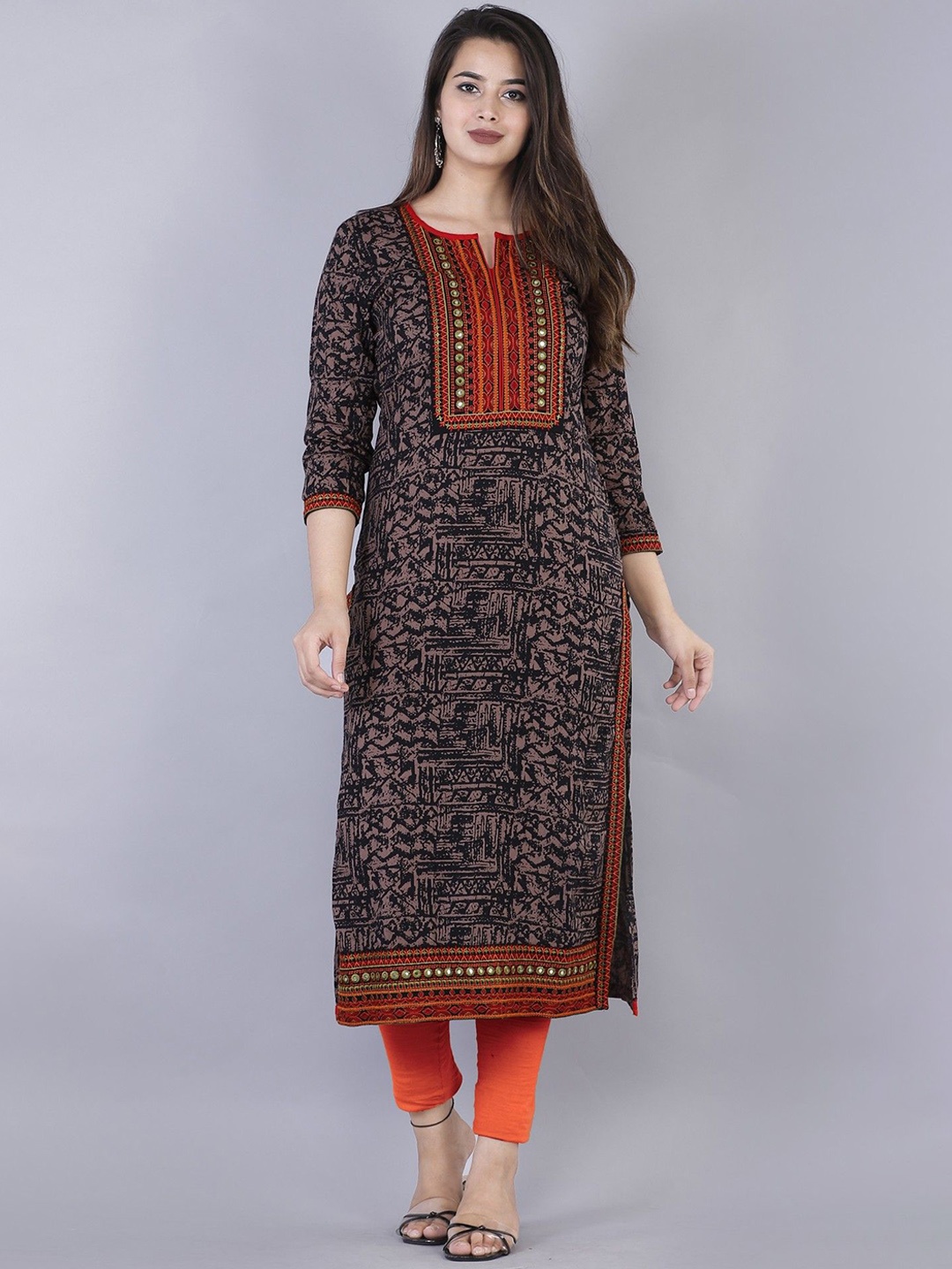 

NYPA Abstract Printed Round Neck Mirror Work Crepe Straight Kurta, Brown