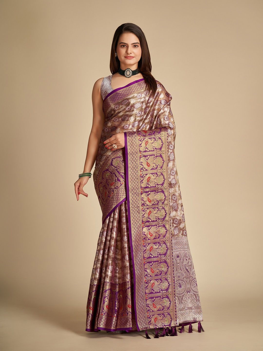 

LEOSAGI Woven Design Zari Pure Silk Banarasi Saree, Brown