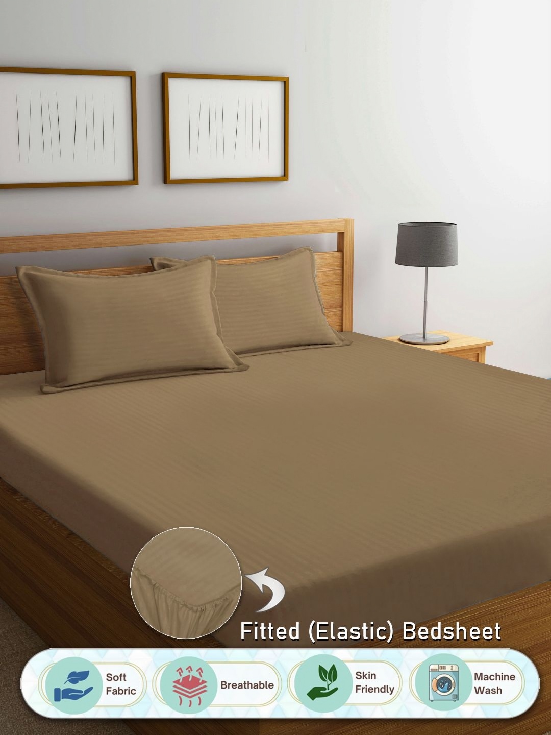 

FABINALIV Mustard Striped Print 300 TC Fitted Super King Bedsheet & 2 Pillow Covers