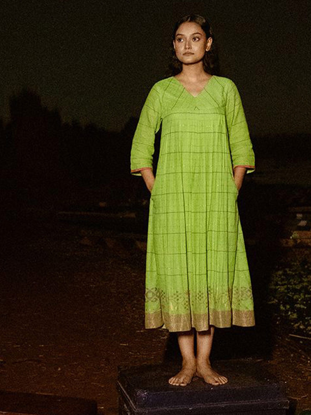 

Bhomra Striped Pure Cotton A-Line Midi Dress, Green