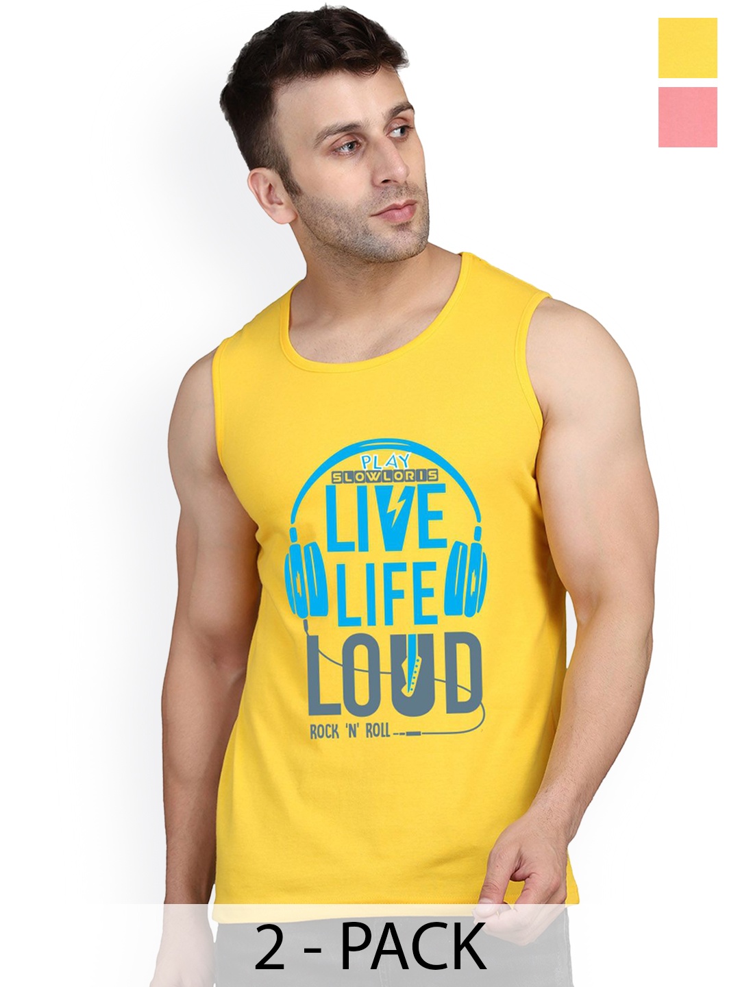 

SLOWLORIS 2Pcs Sleeveless Innerwear Gym Vests SL26 COMBO (LOUD YELLOW) (CHS PEACH)