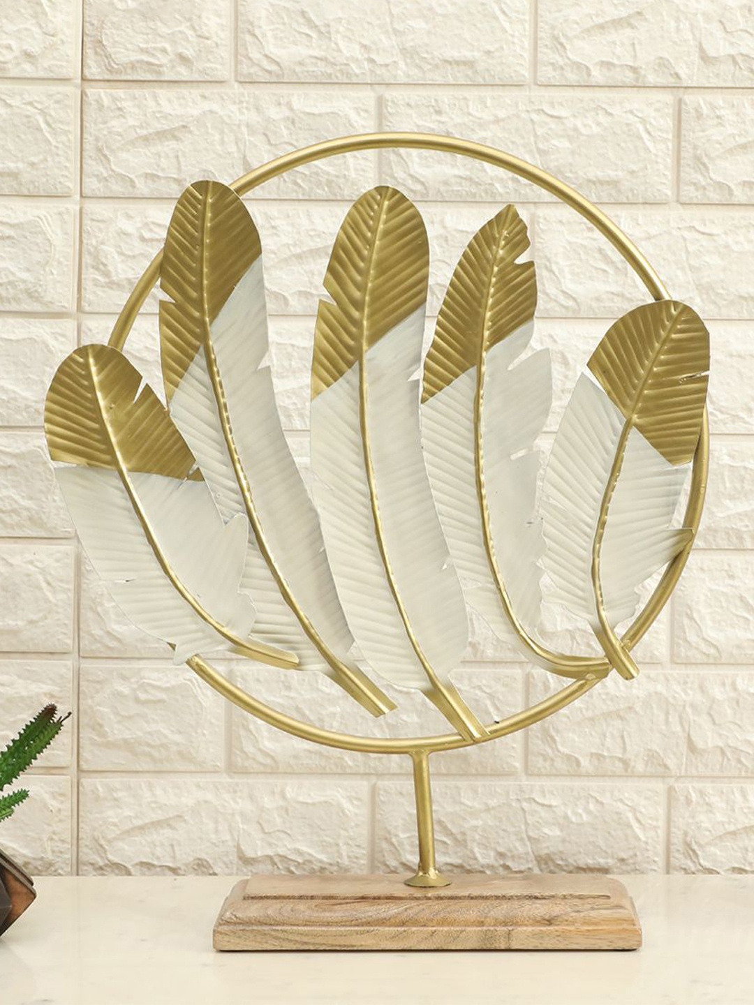 

vedas Gold Toned & White Textured Leafs Metal Curio Showpiece