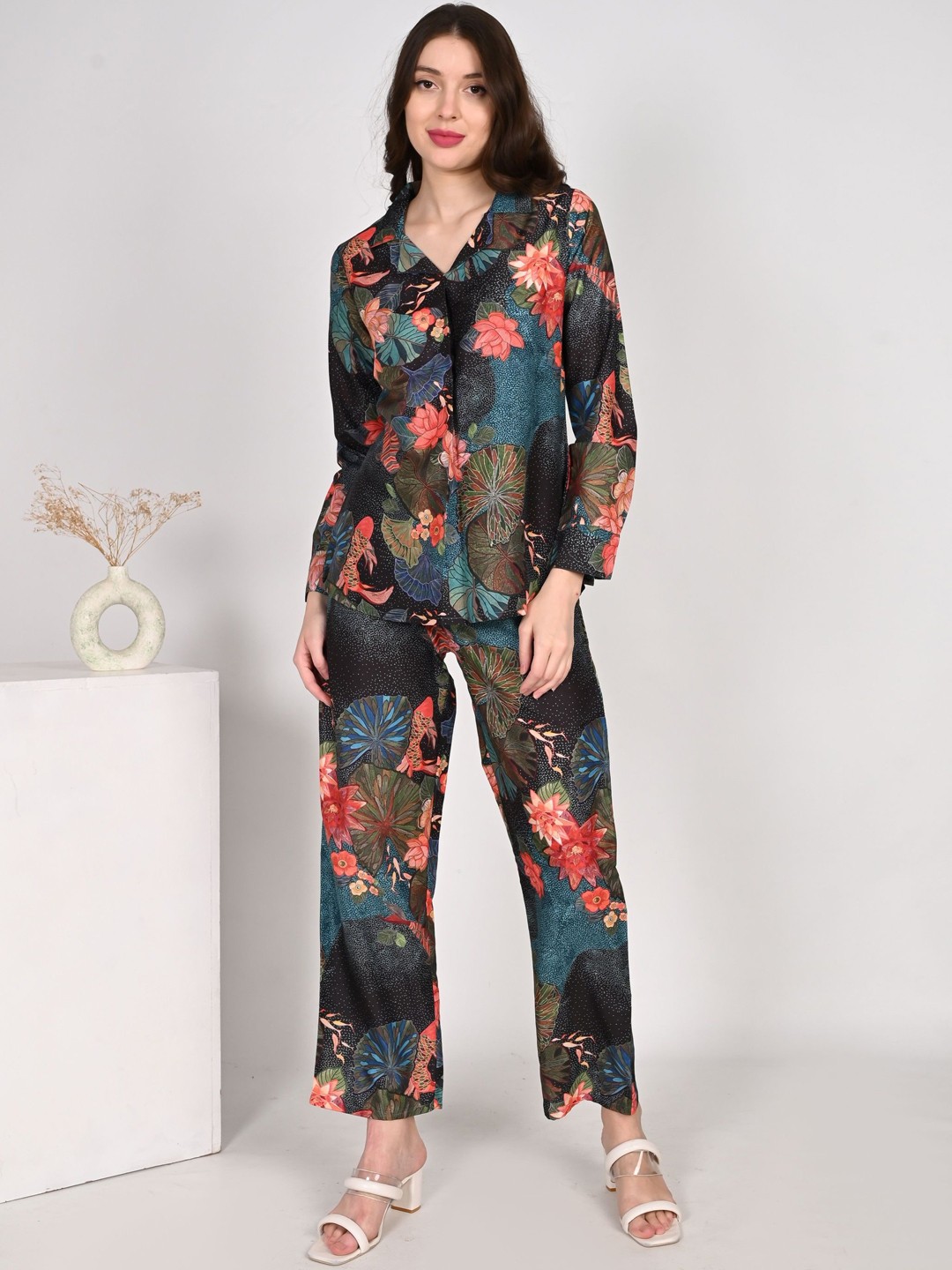 

aaivan Printed Top With Trousers Co-Ords, Black