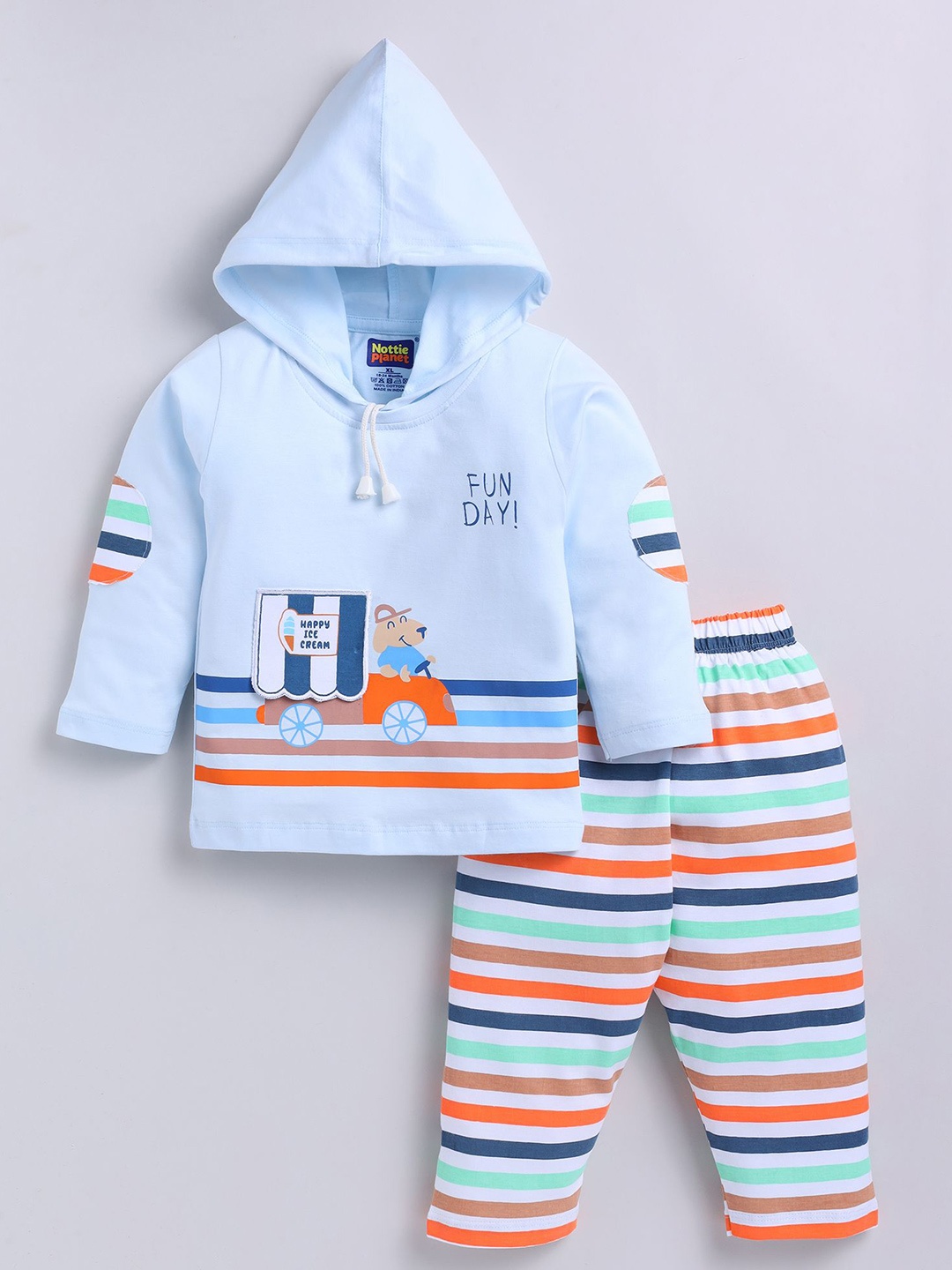 

Nottie Planet Boys Boys Printed Hooded Pure Cotton T-shirt With Trousers, Blue