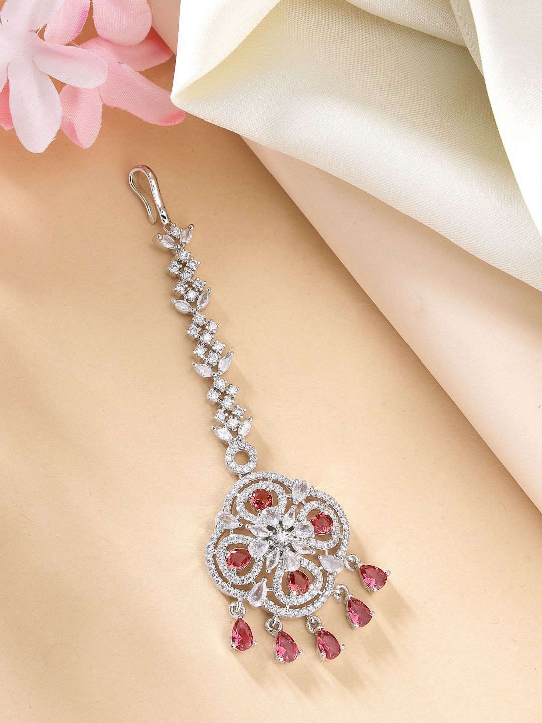 

ZENEME Rhodium-Plated American Diamond Studded Floral Maang Tikka, Silver