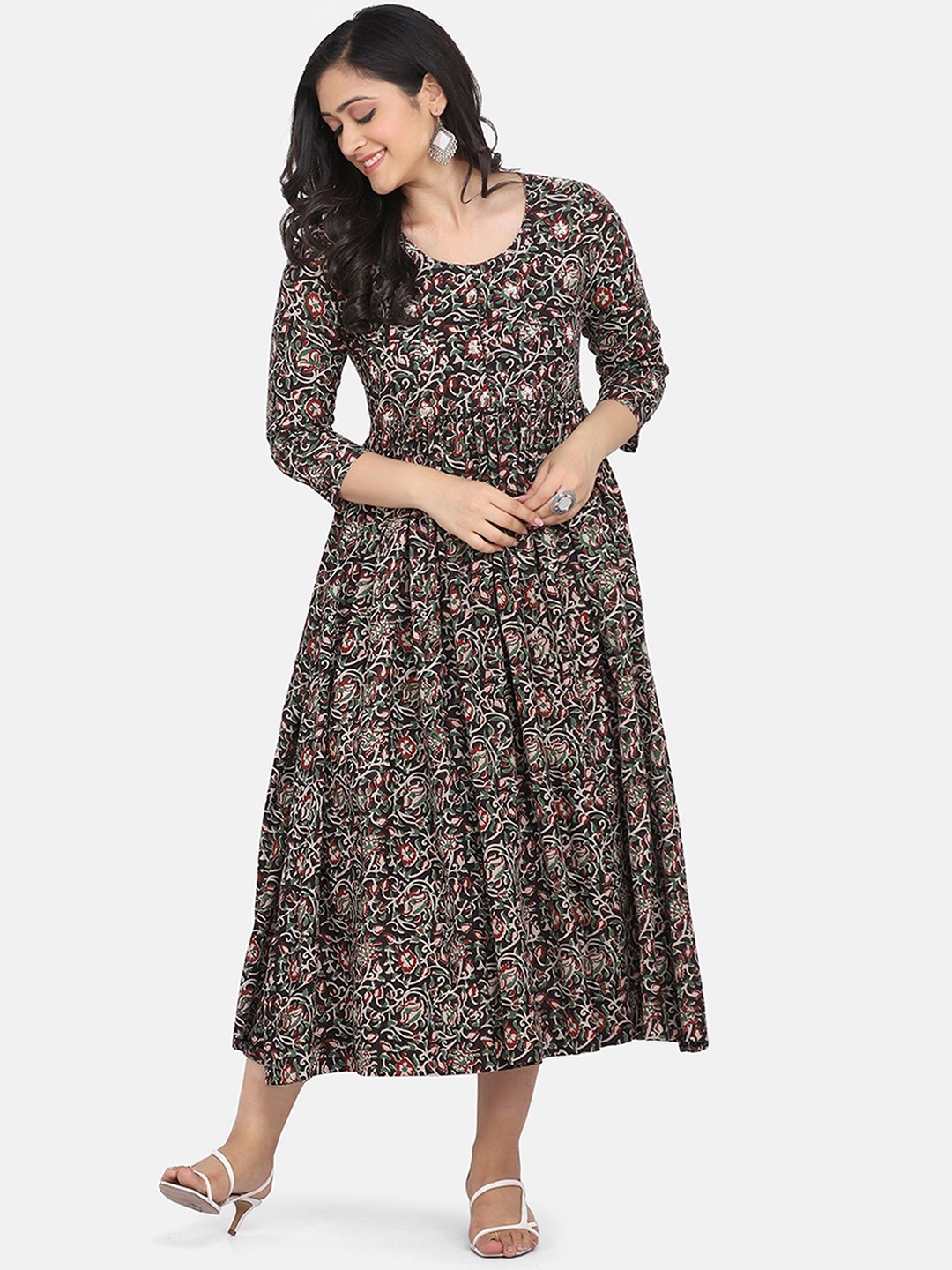 

Shaily Black Floral Printed Fit and Flare Midi Ethnic Dress