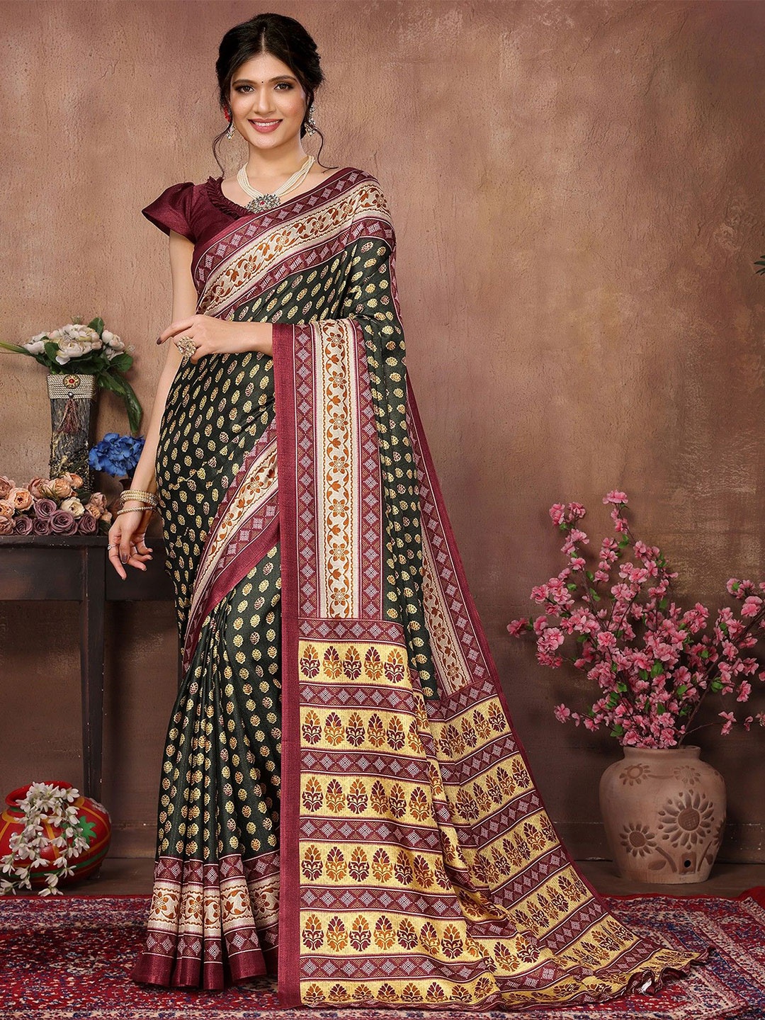 

KALINI Floral Mysore Silk Saree, Green