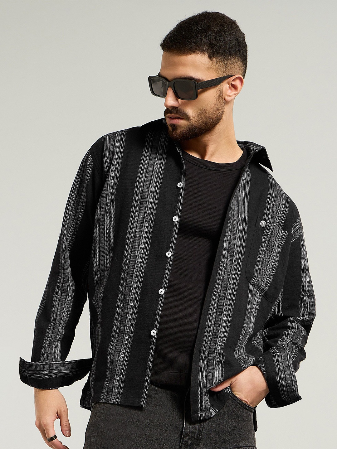 

Beyoung Men Opaque Striped Casual Shirt, Black