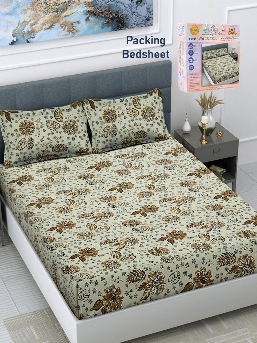 

FABINALIV Cream & Brown Floral 300 TC King Bedsheet With 2 Pillow Covers