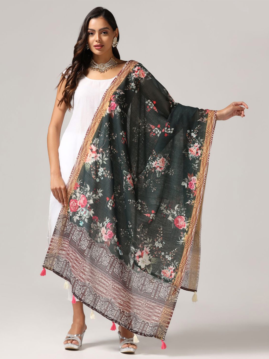 

Kaizen TEXO FAB Floral Printed Linen Dupatta, Green