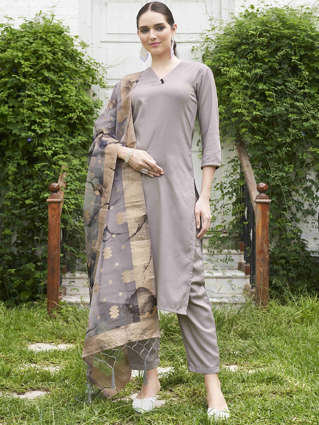 

Tikhi Imli Straight Kurta with Trousers & With Dupatta, Silver