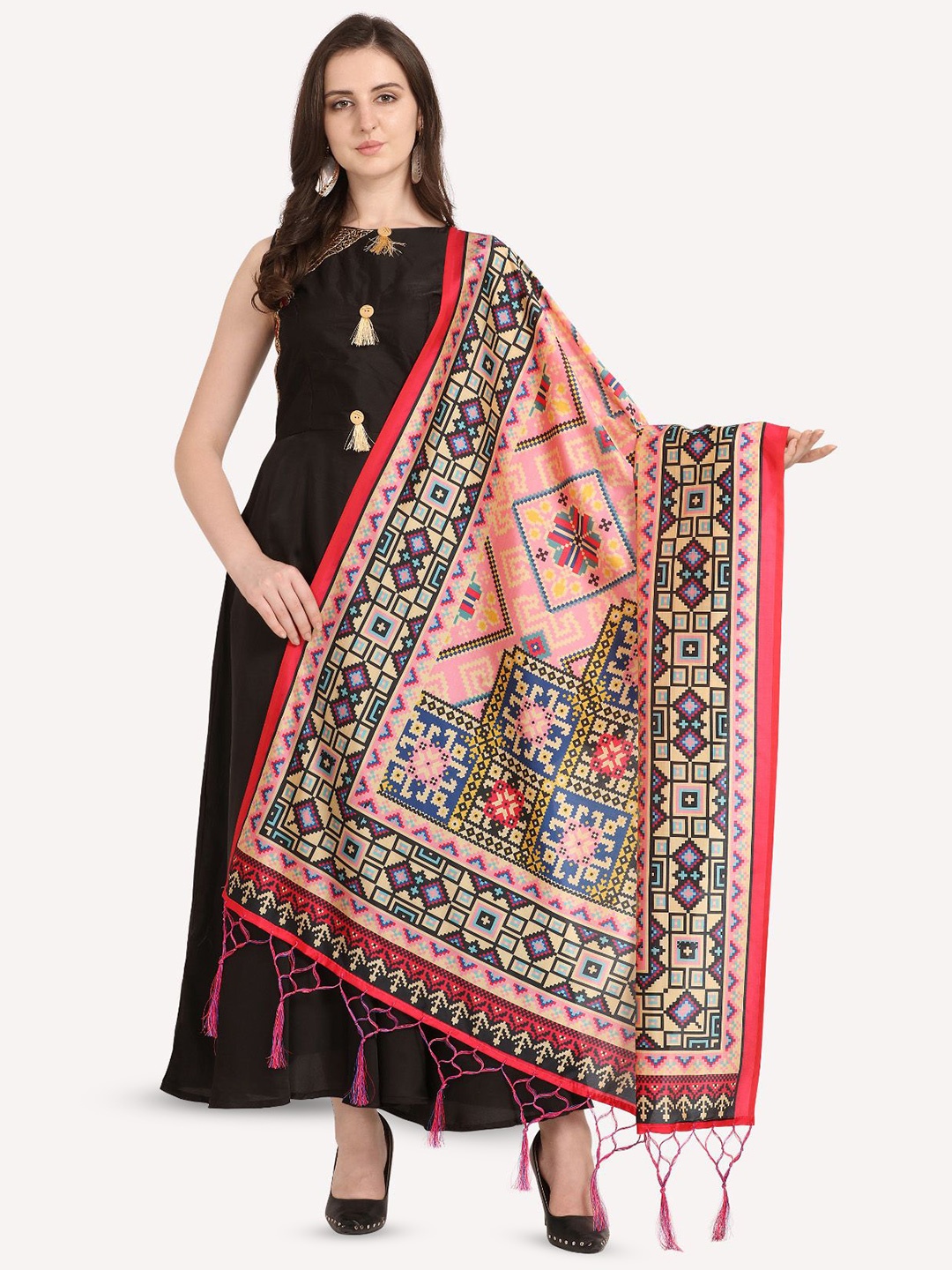 

Kaizen TEXO FAB Geometric Digital Printed Assam Silk Dupatta, Pink