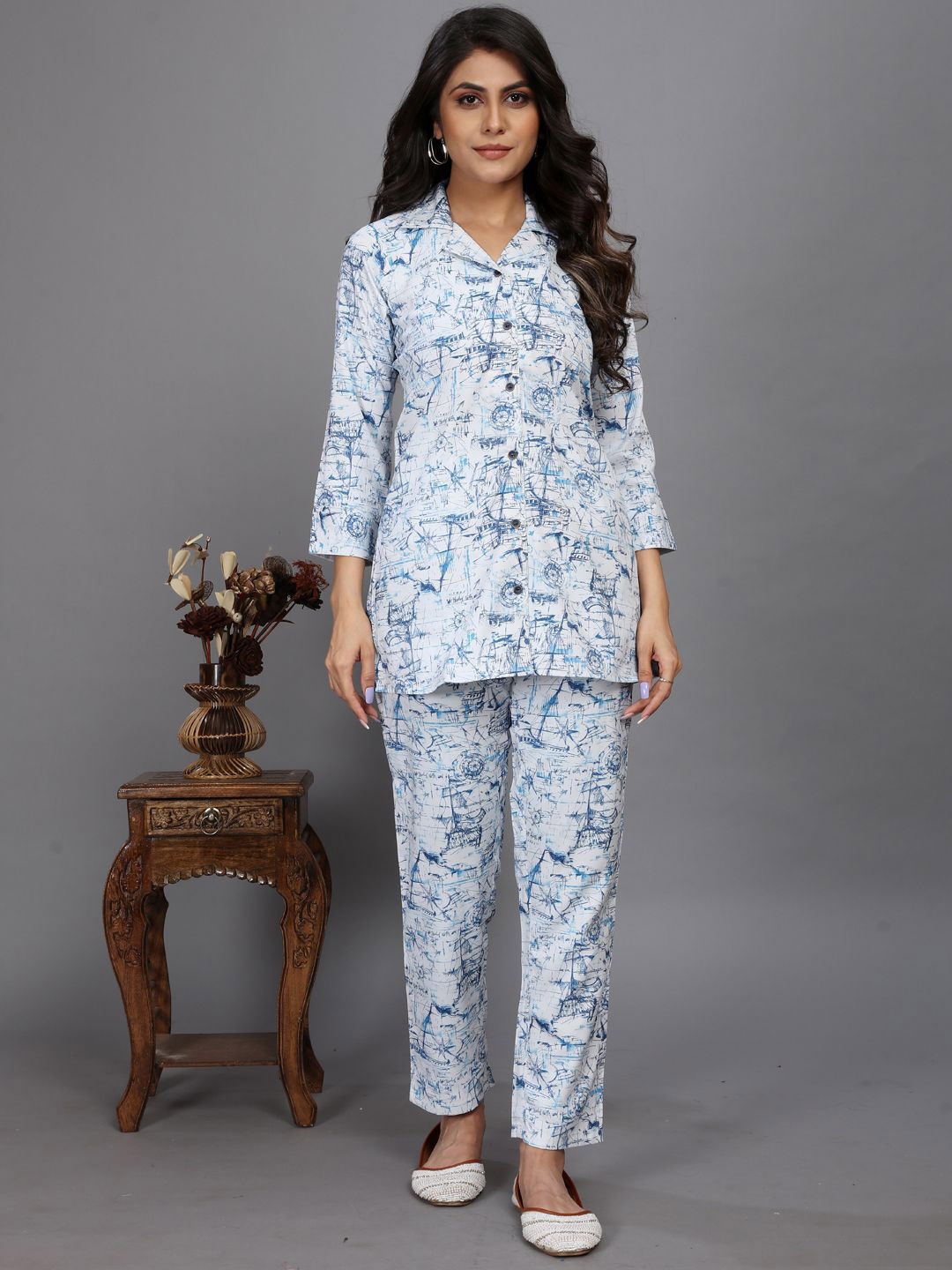 

TIKODI Printed Shirt Collar Shirt With Trousers Co-Ords, White