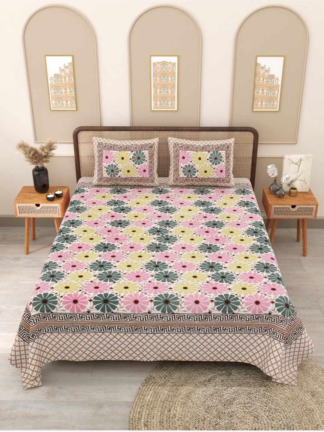 

Block Print Story Pink & Teal Floral 210 TC Queen Bedsheet with 2 Pillow Covers