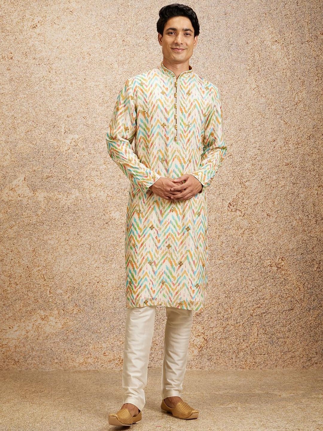 

Twamev Men Printed Regular Mirror Work Kurta with Churidar, Beige