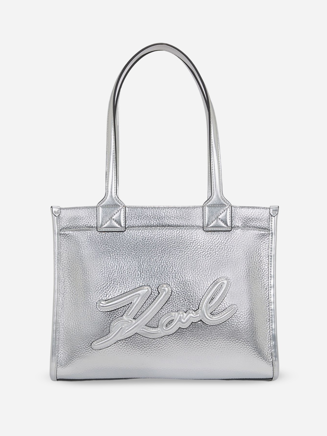 

Karl Lagerfeld Textured Oversized Bowling Shoulder Bag with Applique, Silver