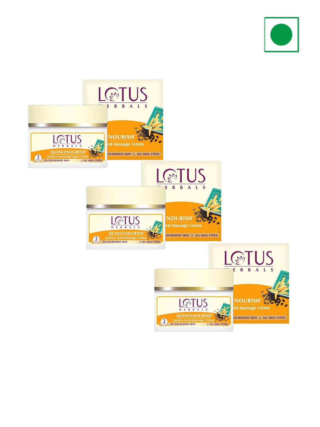 

Lotus Herbals Set Of 3 Quincenourish Quince Seed & Vitamin-E Massage Cream- 50g Each, Yellow