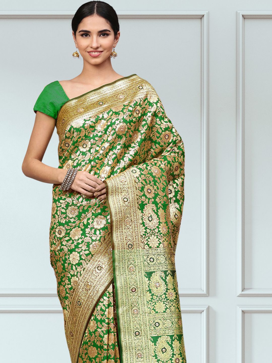 

Chhabra 555 Women Ethnic Motifs Printed Zari Sarees, Green