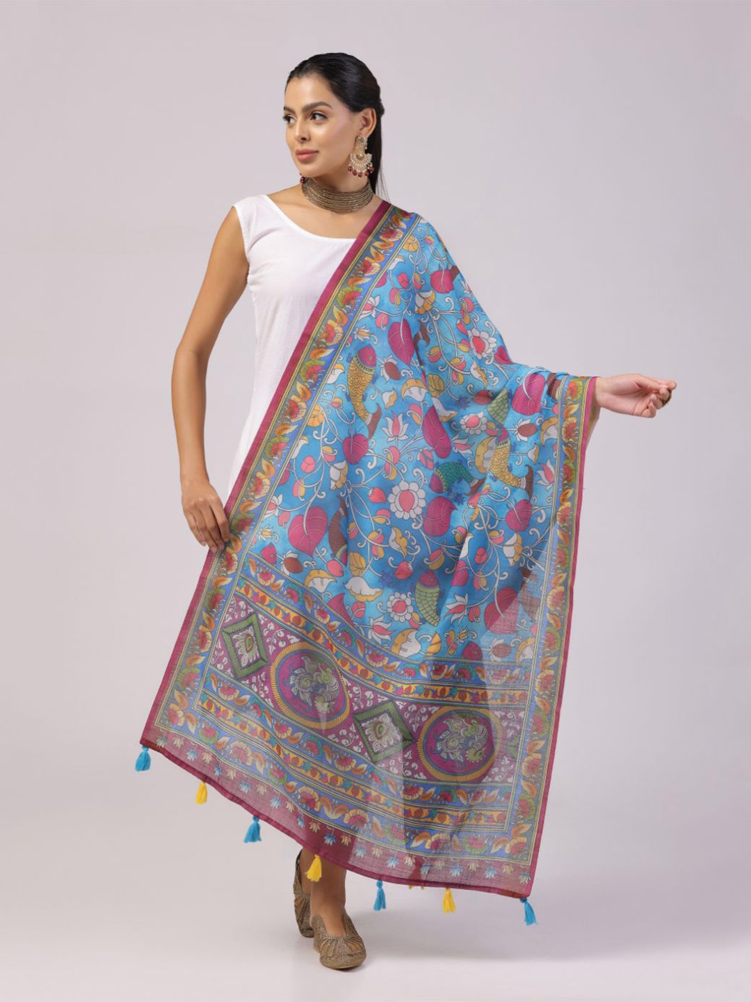 

Kaizen TEXO FAB Ethnic Motifs Printed Tasselled Dupatta, Blue