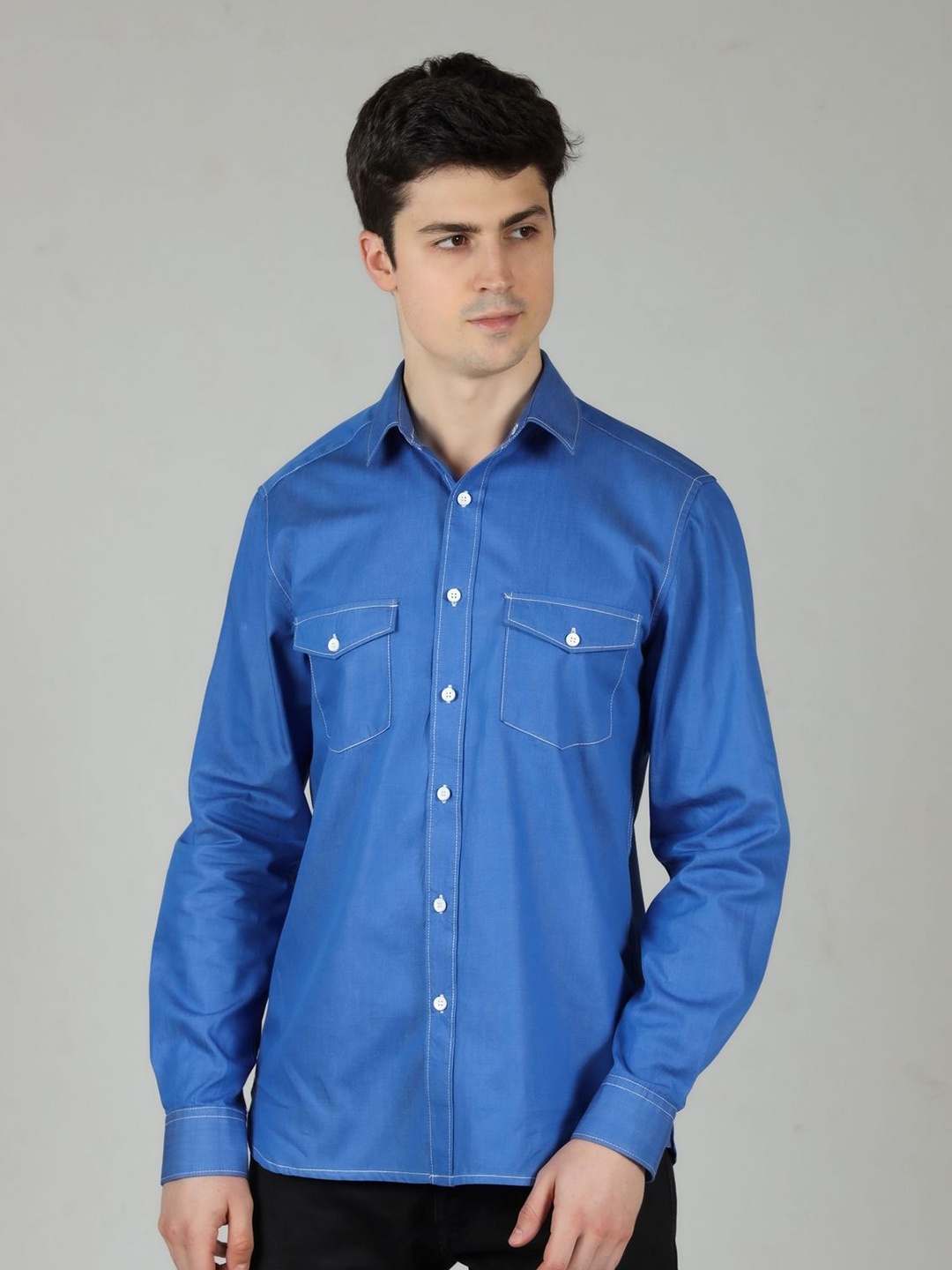 

OZMOD Men Modern Spread Collar Solid Cotton Slim Fit Casual Shirt, Blue