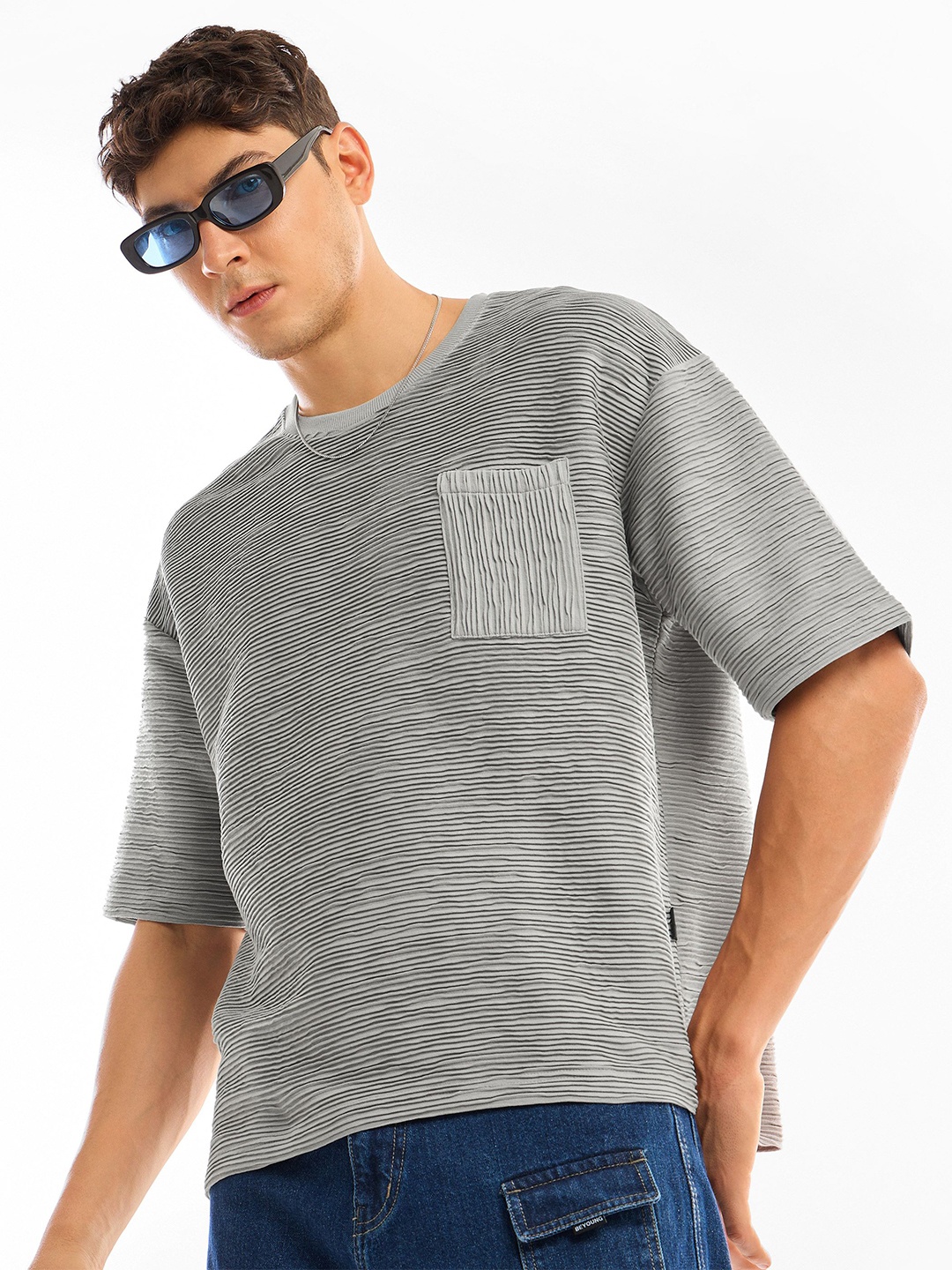 

Beyoung Men Striped Henley Neck Pockets T-shirt, Grey