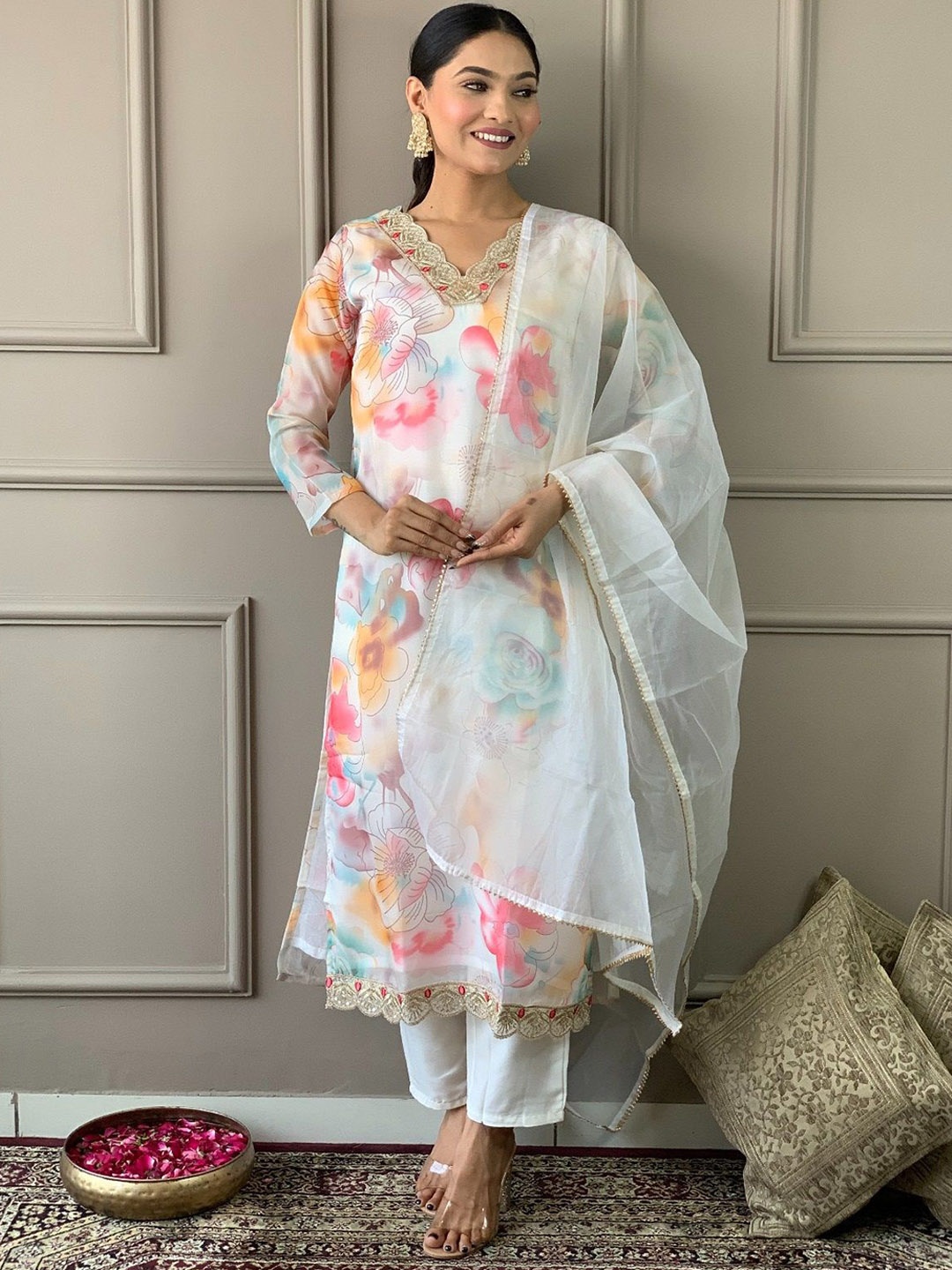 

KALINI Floral Printed V Neck Straight Kurta With Trousers & Dupatta, White