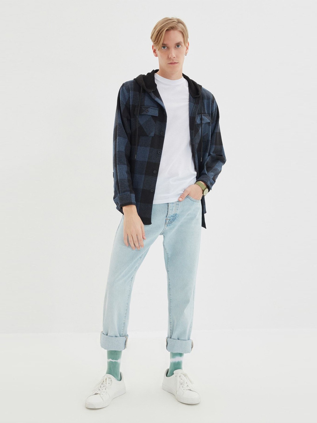 

Trendyol Men Hood Tartan Checked Acrylic Casual Shirt, Navy blue