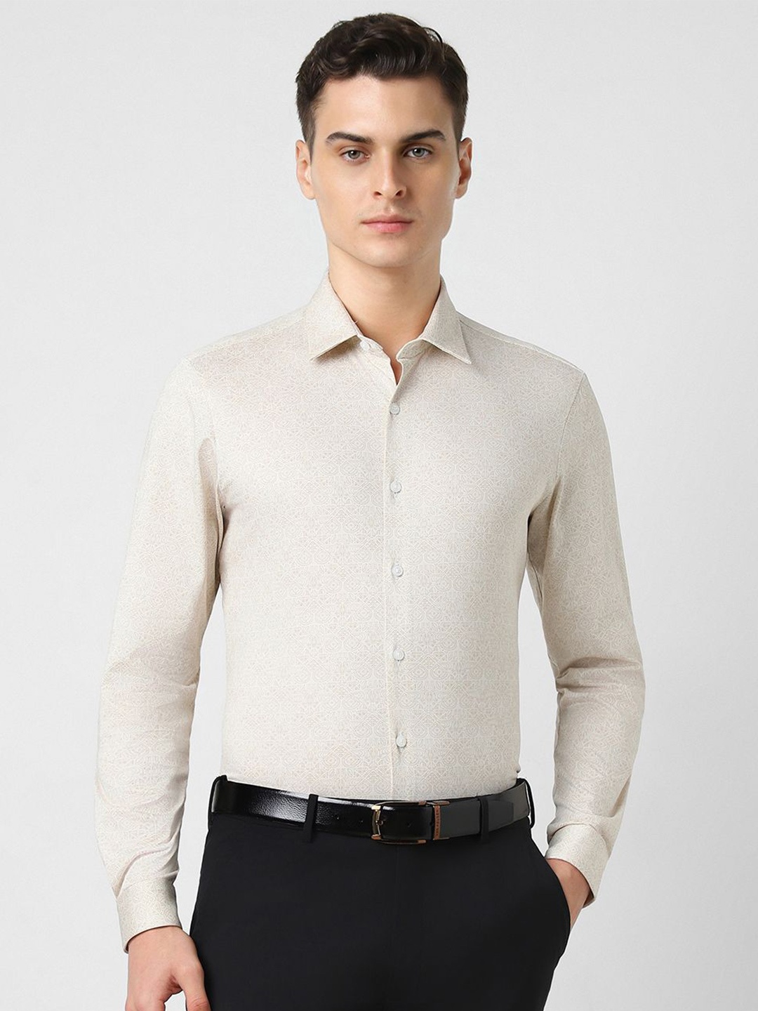 

V Dot Men Spread Collar Solid Cotton Slim Fit Party Shirt, Cream