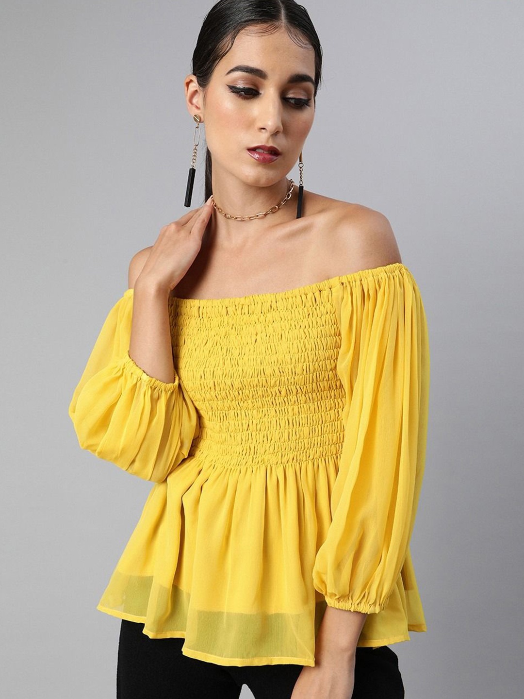 

Sera Women Solid Smocked Off-Shoulder Top, Yellow