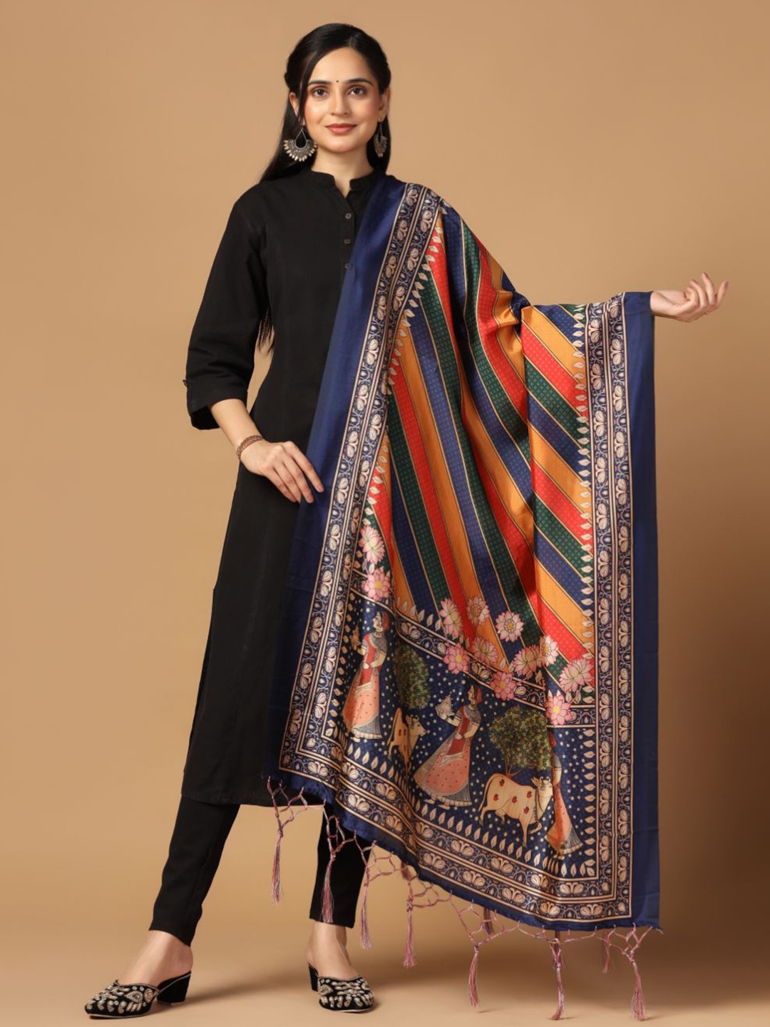 

Kaizen TEXO FAB Ethnic Motifs Printed Assam Silk Tasselled Dupatta, Red